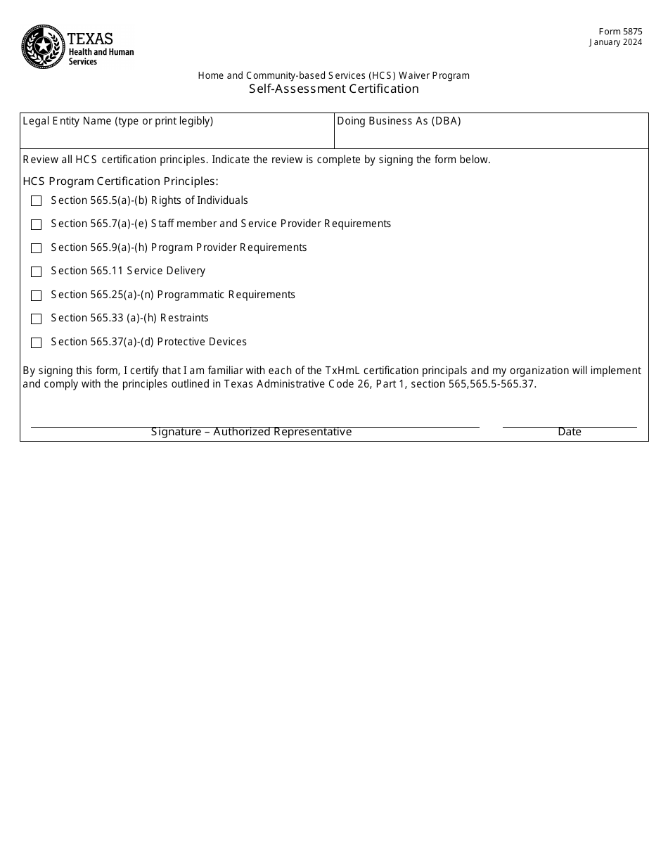 Form 5875 Self-assessment Certification - Home and Community-Based Services (Hcs) Waiver Program - Texas, Page 1