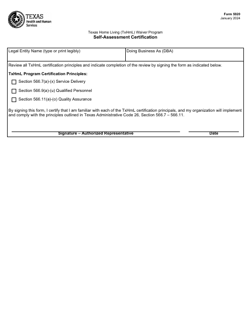 Form 5920 Self-assessment Certification - Texas Home Living (Txhml) Waiver Program - Texas