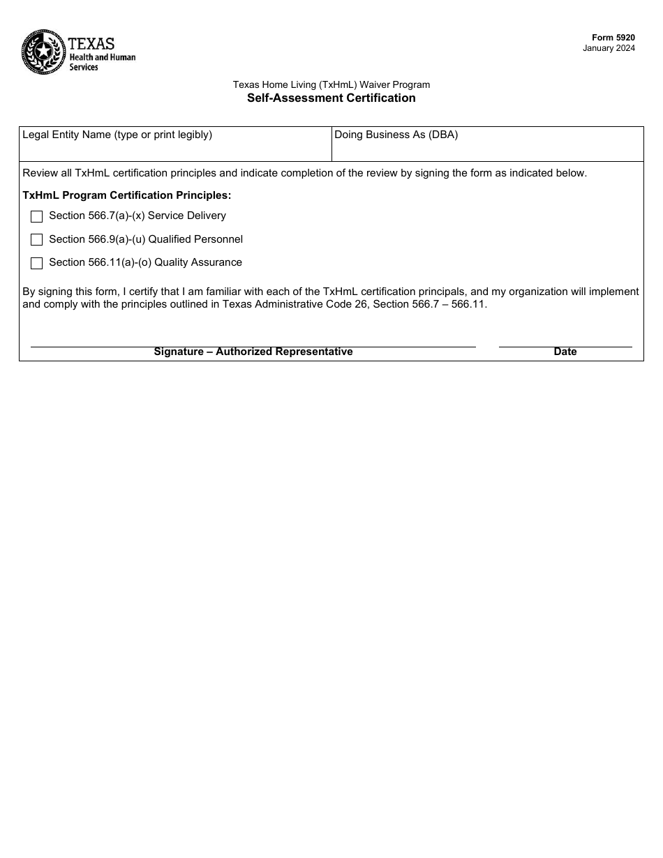 Form 5920 Self-assessment Certification - Texas Home Living (Txhml) Waiver Program - Texas, Page 1