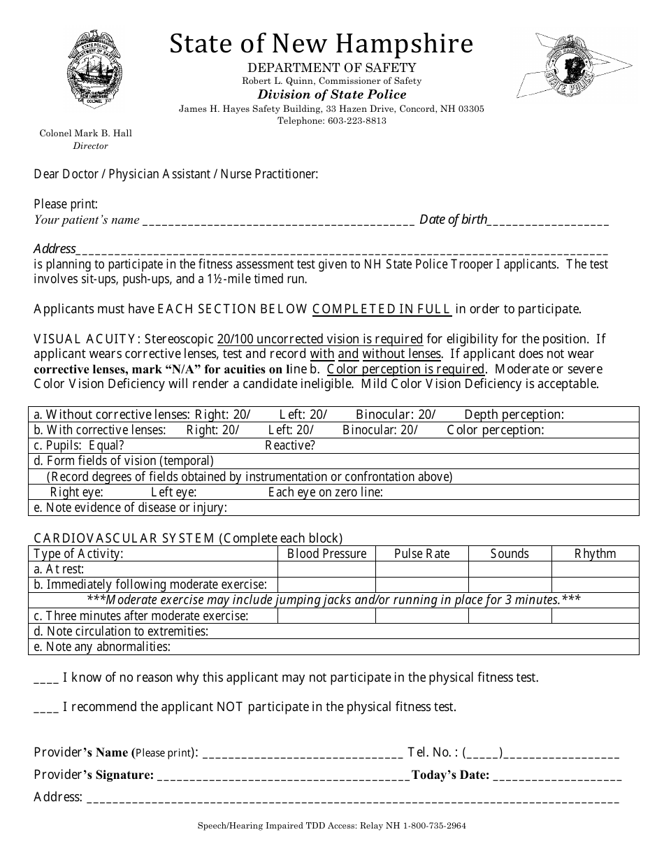 Pre-physical Agility Test Medical Form - New Hampshire, Page 1