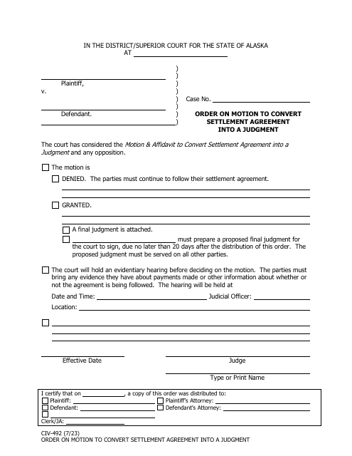 Form CIV-492 Order on Motion to Convert Settlement Agreement Into a Judgment - Alaska