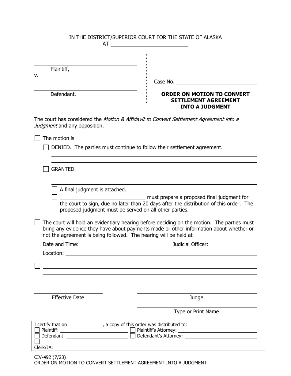 Form CIV-492 Order on Motion to Convert Settlement Agreement Into a Judgment - Alaska, Page 1