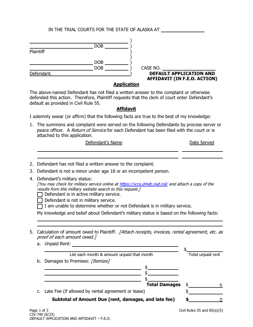 Form CIV-740 Default Application and Affidavit (In F.e.d. Action) - Alaska