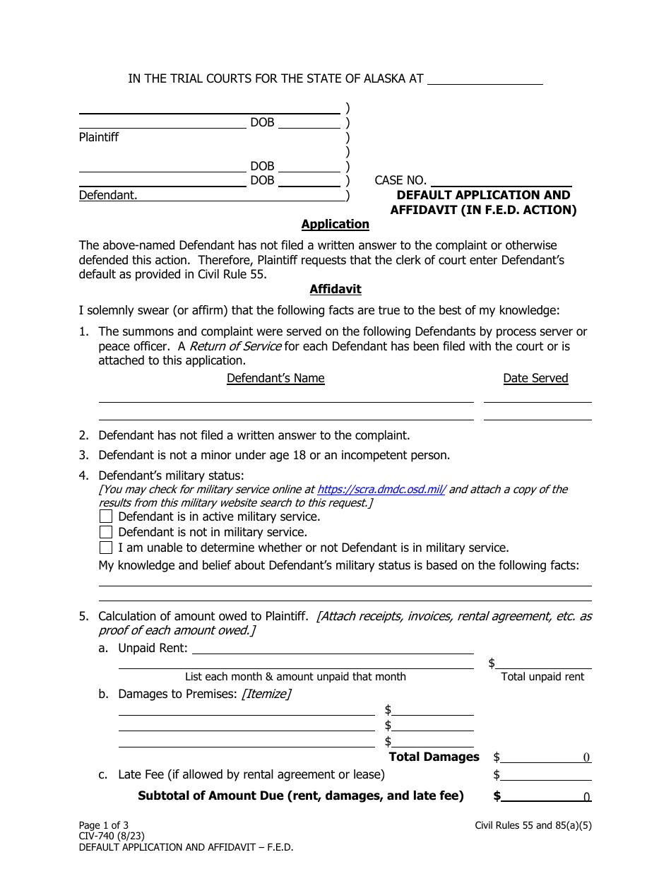 Form CIV-740 Default Application and Affidavit (In F.e.d. Action) - Alaska, Page 1