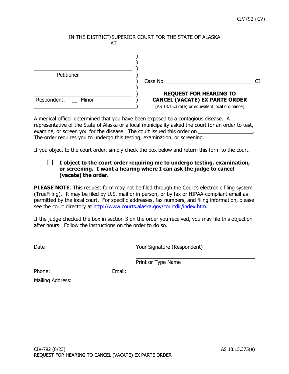 Form CIV-792 Request for Hearing to Cancel (Vacate) Ex Parte Order - Alaska, Page 1