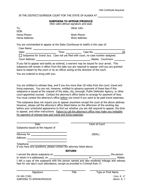 Form CR-340 Subpoena to Appear/Produce - Alaska