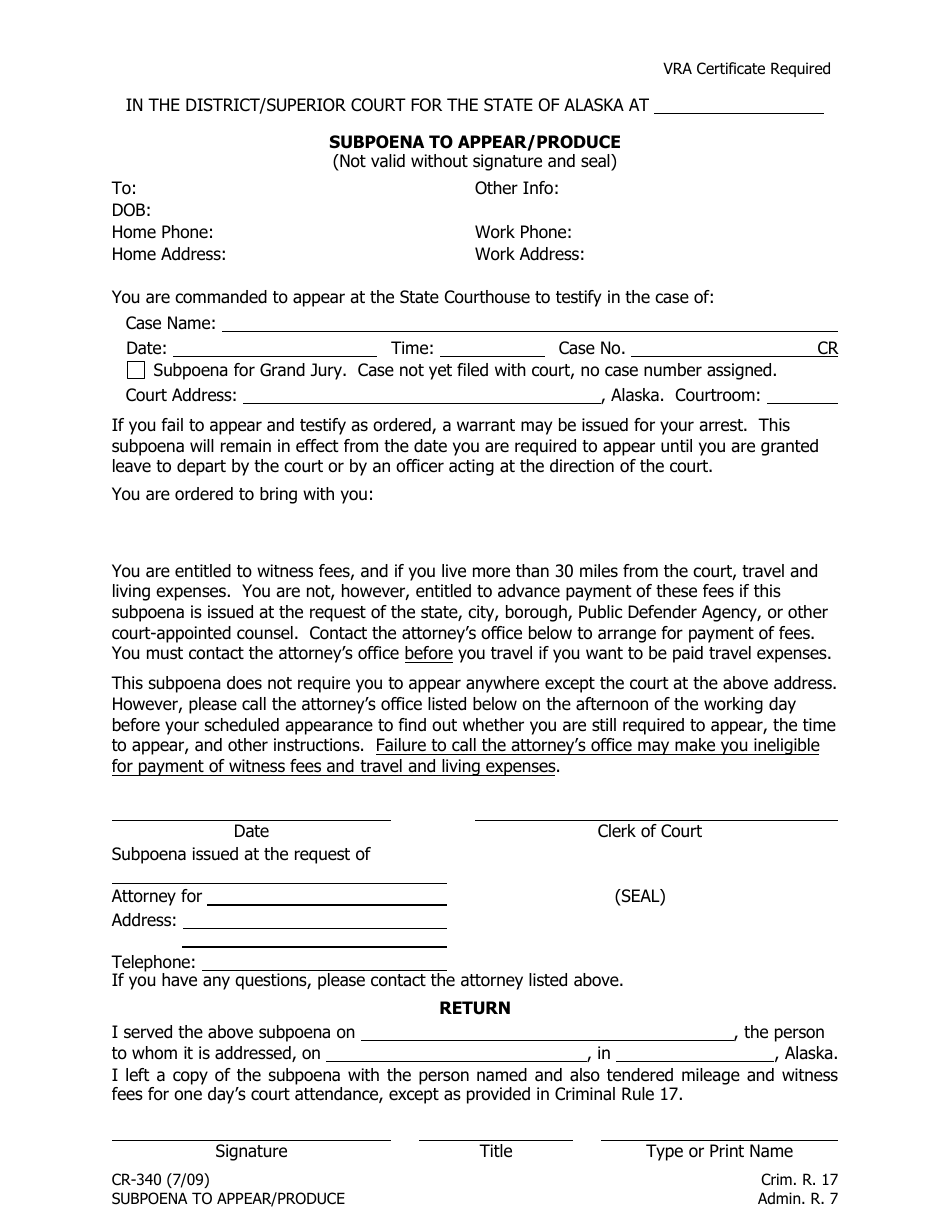 Form CR-340 Subpoena to Appear / Produce - Alaska, Page 1