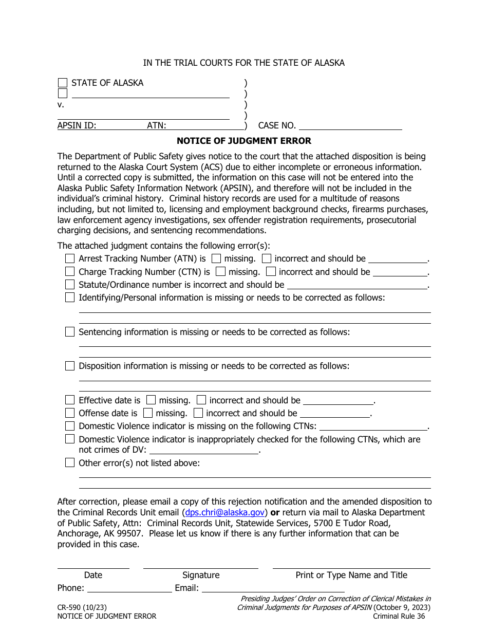 Form CR-590 Notice of Judgment Error - Alaska, Page 1