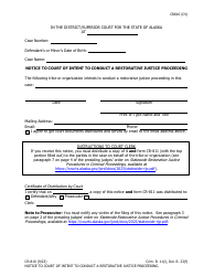 Document preview: Form CR-810 Notice to Court of Intent to Conduct a Restorative Justice Proceeding - Alaska