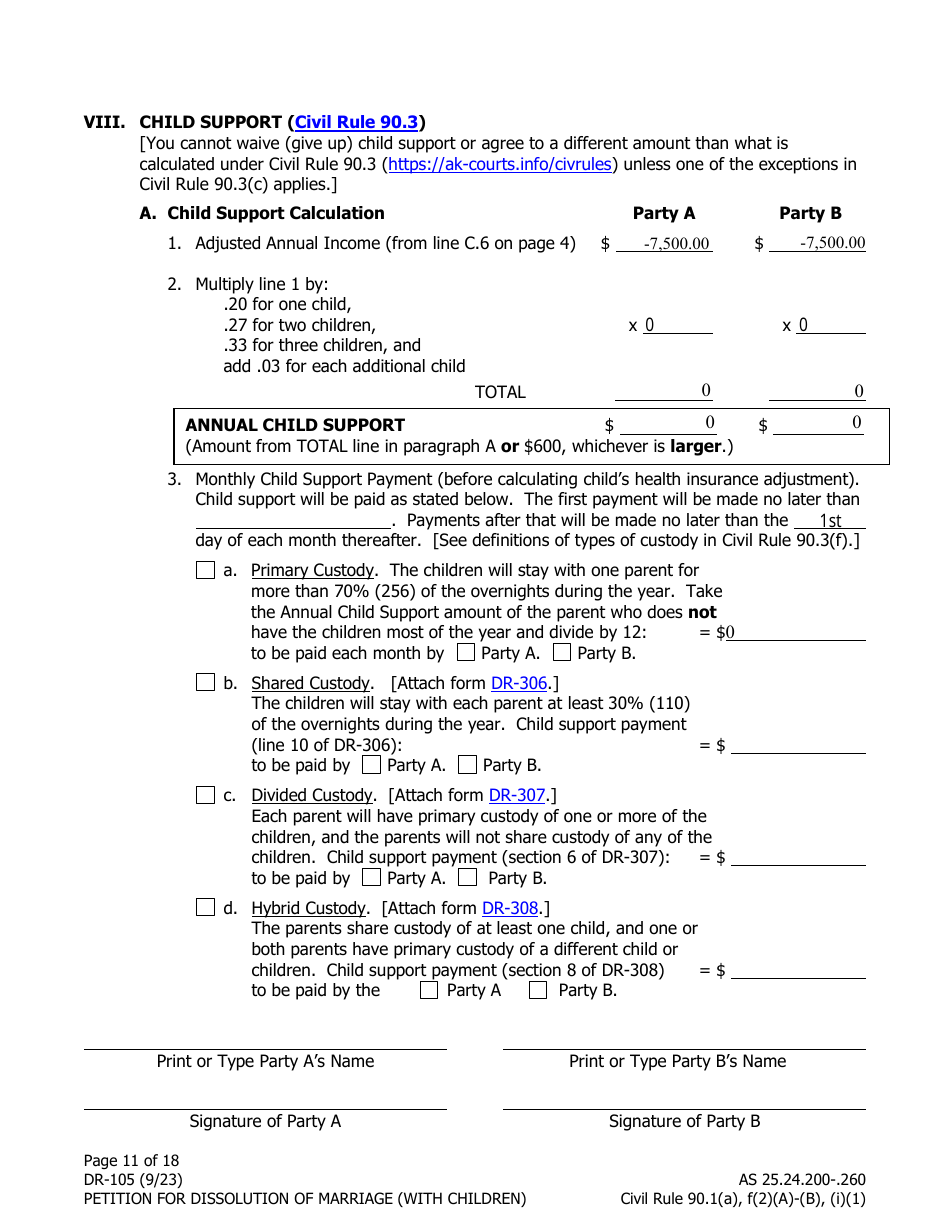 Form DR-105 Petition for Dissolution of Marriage (With Children) - Alaska, Page 11