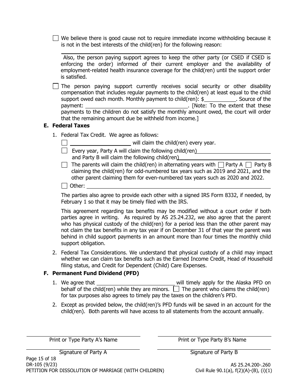 Form DR-105 Petition for Dissolution of Marriage (With Children) - Alaska, Page 15