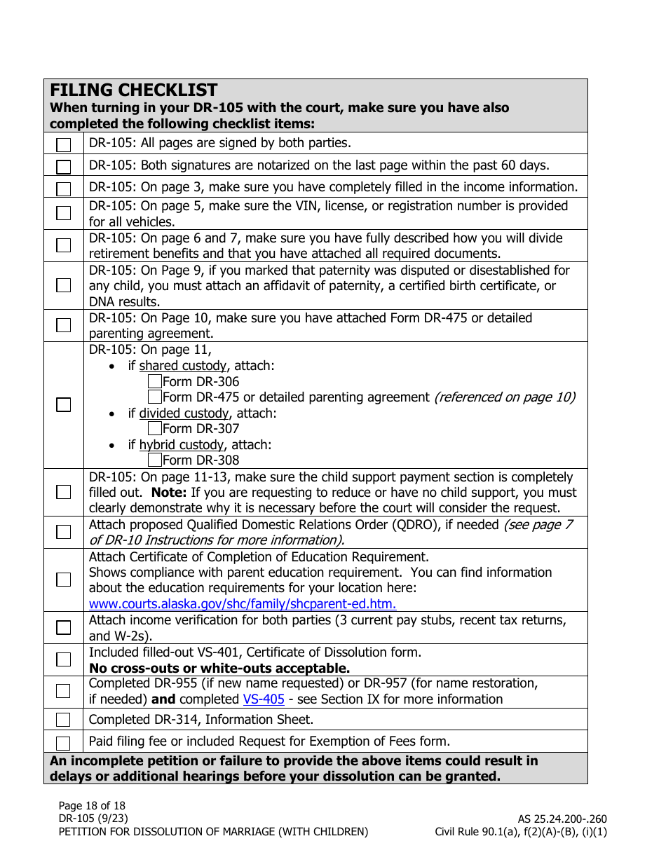 Form DR-105 Petition for Dissolution of Marriage (With Children) - Alaska, Page 18