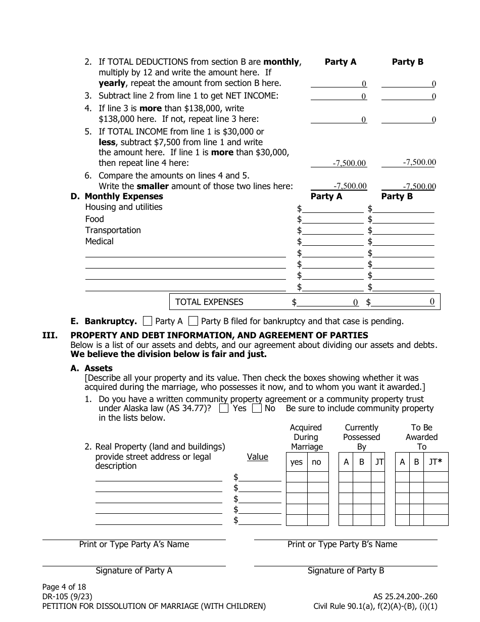 Form DR-105 Petition for Dissolution of Marriage (With Children) - Alaska, Page 4
