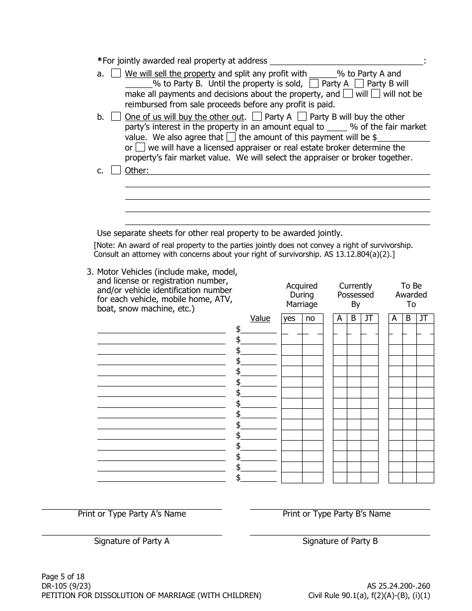 Form DR-105 Petition for Dissolution of Marriage (With Children) - Alaska, Page 5