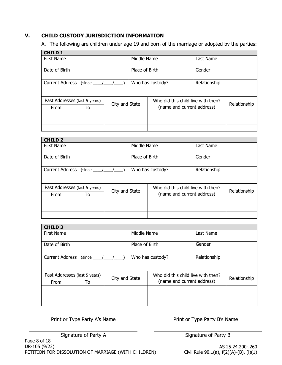 Form DR-105 Petition for Dissolution of Marriage (With Children) - Alaska, Page 8