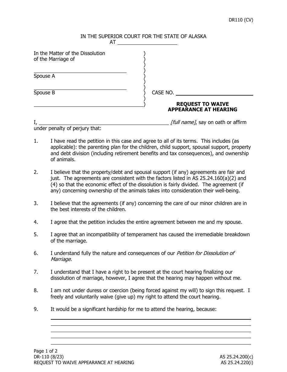 Form DR-110 Request to Waive Appearance at Hearing - Alaska, Page 1