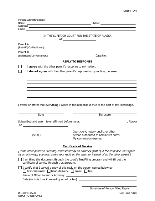 Form DR-359 Reply to Response - Alaska