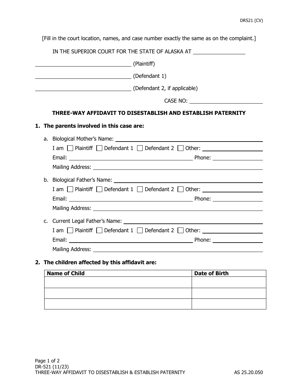 Form DR-521 Three-Way Affidavit to Disestablish and Establish Paternity - Alaska, Page 1