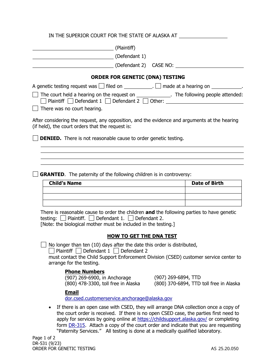 Form DR-531 Order for Genetic (Dna) Testing - Alaska, Page 1