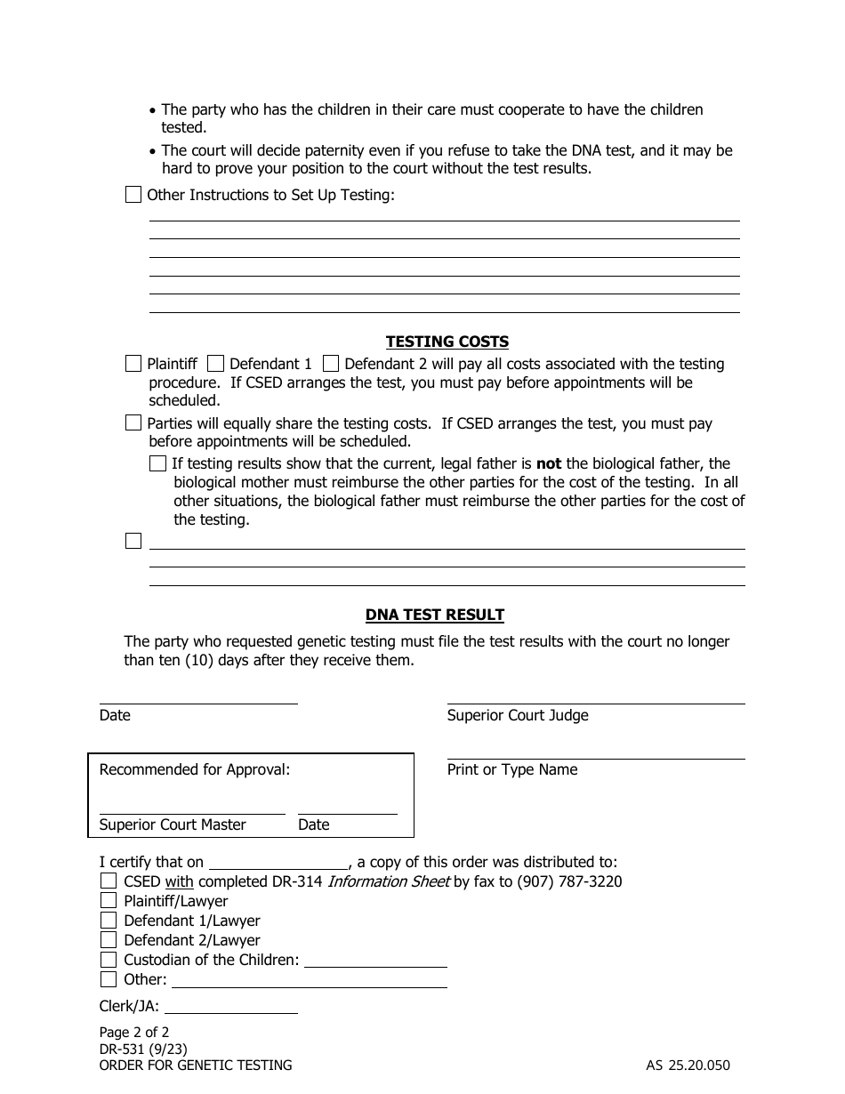 Form DR-531 Order for Genetic (Dna) Testing - Alaska, Page 2