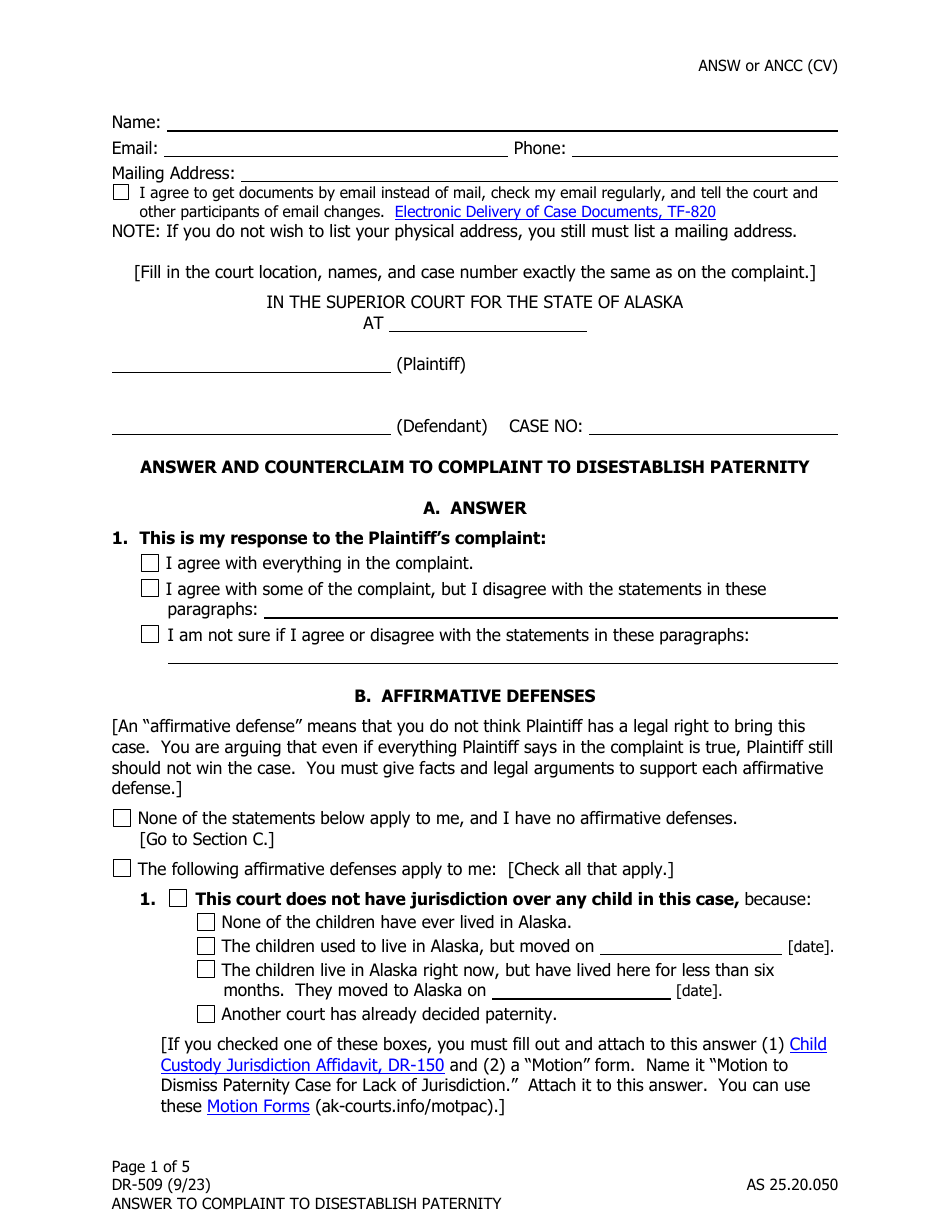 Form DR-509 Answer and Counterclaim to Complaint to Disestablish Paternity - Alaska, Page 1