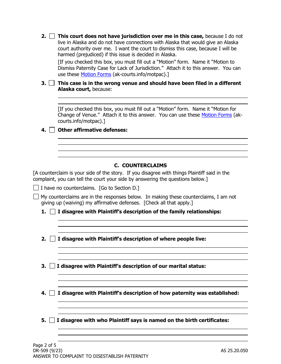 Form DR-509 Answer and Counterclaim to Complaint to Disestablish Paternity - Alaska, Page 2