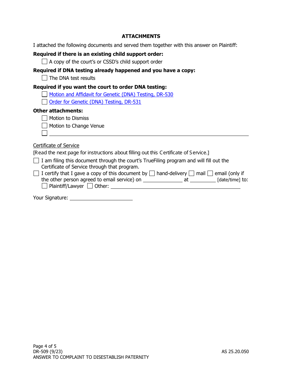 Form DR-509 Answer and Counterclaim to Complaint to Disestablish Paternity - Alaska, Page 4