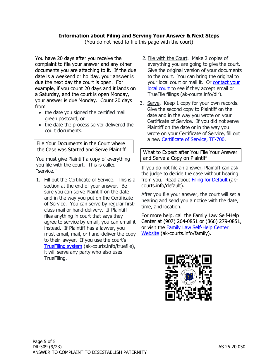 Form DR-509 Answer and Counterclaim to Complaint to Disestablish Paternity - Alaska, Page 5