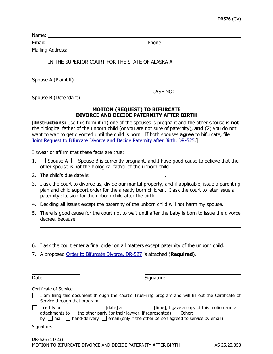 Form DR-526 Motion (Request) to Bifurcate Divorce and Decide Paternity After Birth - Alaska, Page 1