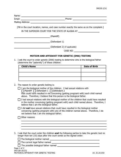 Form DR-530 Motion and Affidavit for Genetic (Dna) Testing - Alaska