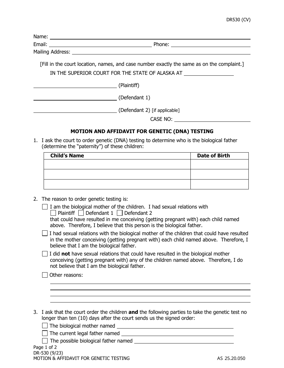Form DR-530 Motion and Affidavit for Genetic (Dna) Testing - Alaska, Page 1