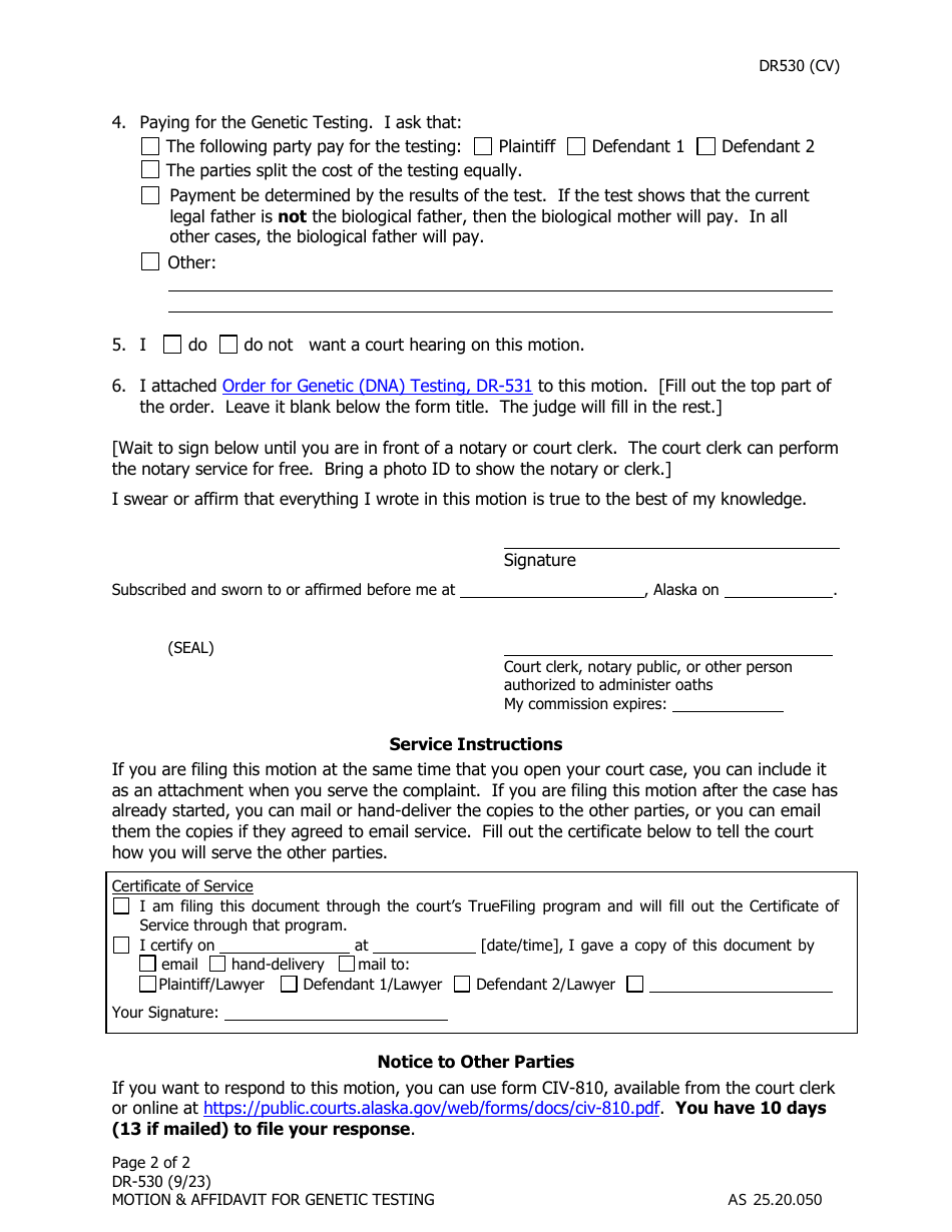 Form DR-530 Motion and Affidavit for Genetic (Dna) Testing - Alaska, Page 2