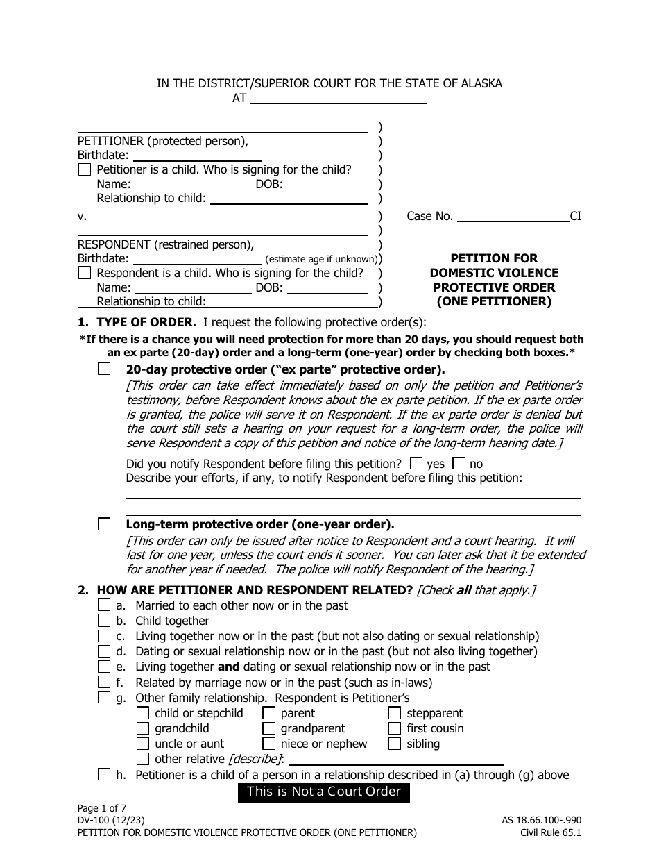 Form DV-100 (DV-127) Petition for Domestic Violence Protective Order (One Petitioner) - Alaska, Page 1