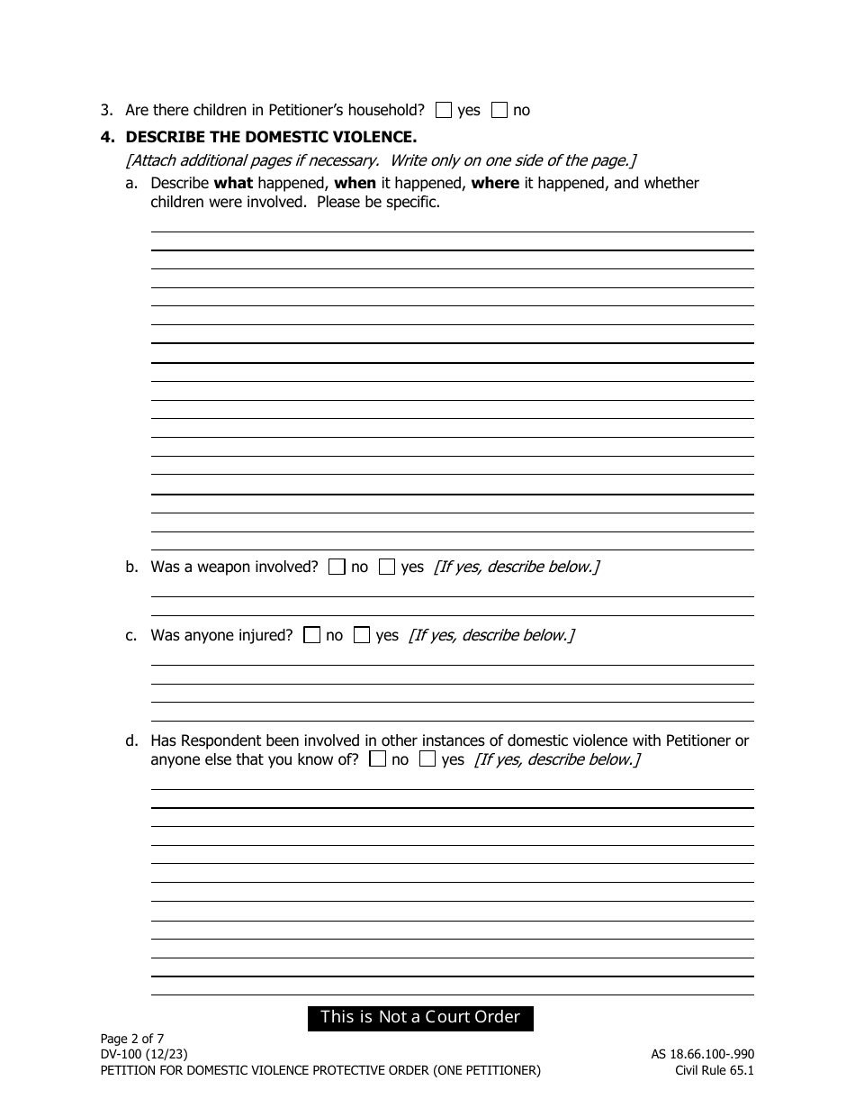 Form DV-100 (DV-127) Petition for Domestic Violence Protective Order (One Petitioner) - Alaska, Page 2