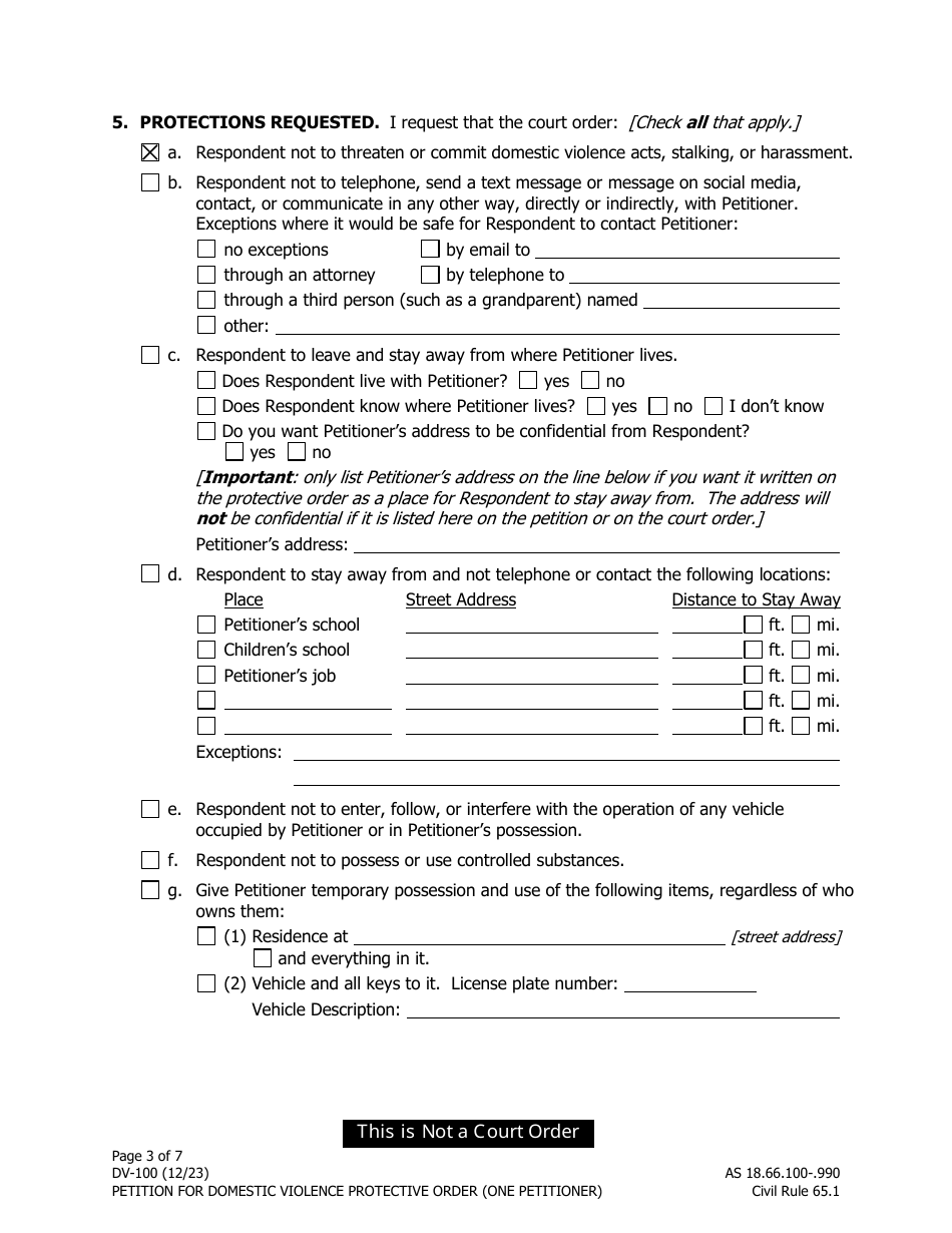 Form DV-100 (DV-127) Petition for Domestic Violence Protective Order (One Petitioner) - Alaska, Page 3