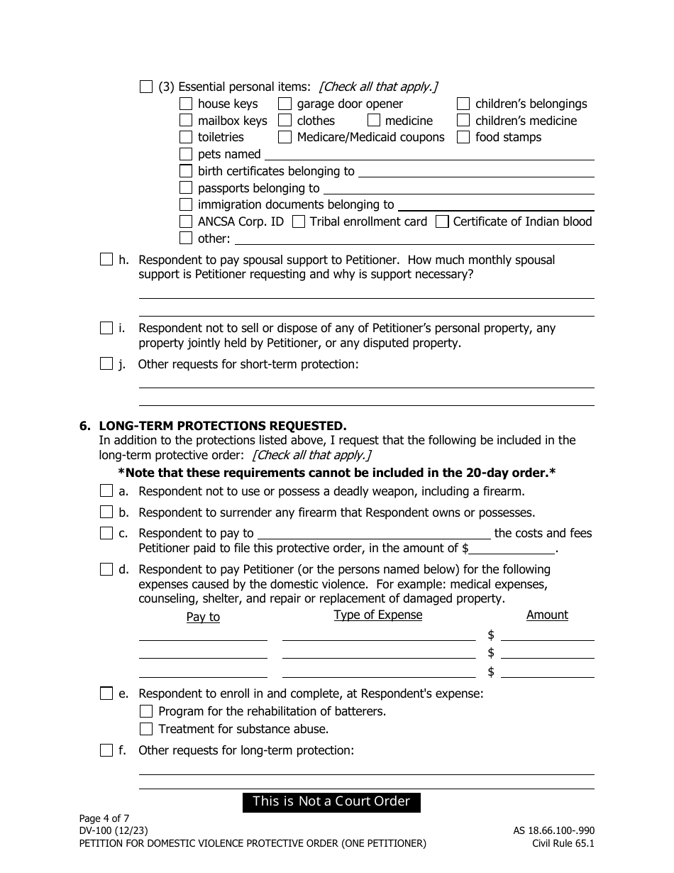Form DV-100 (DV-127) Petition for Domestic Violence Protective Order (One Petitioner) - Alaska, Page 4