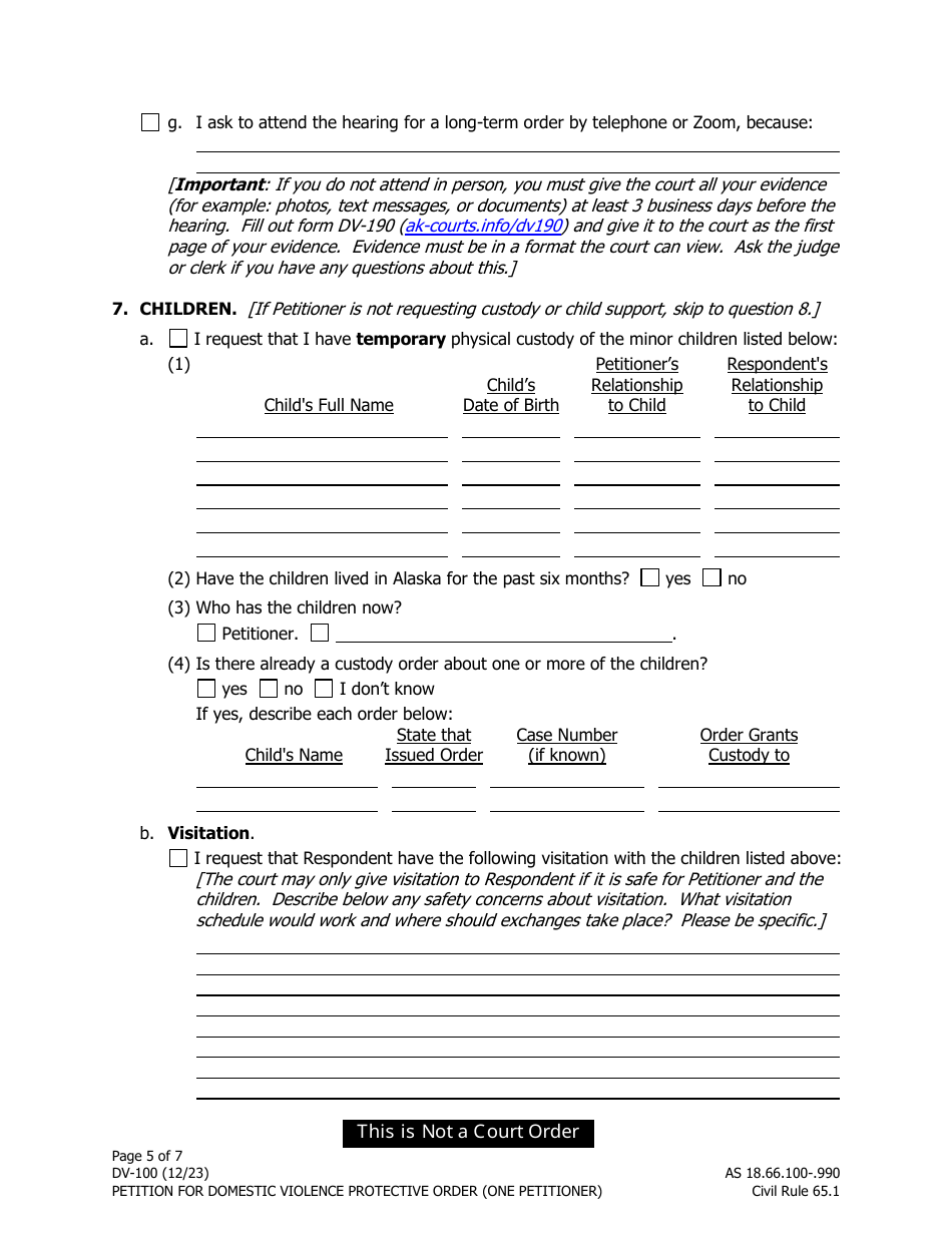 Form DV-100 (DV-127) Petition for Domestic Violence Protective Order (One Petitioner) - Alaska, Page 5