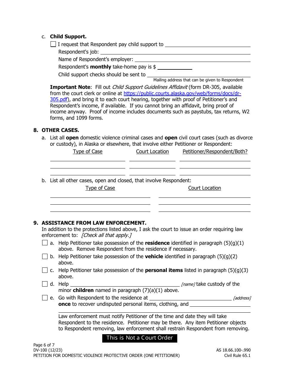 Form DV-100 (DV-127) Petition for Domestic Violence Protective Order (One Petitioner) - Alaska, Page 6