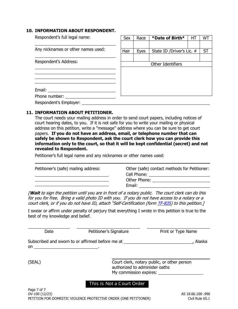 Form DV-100 (DV-127) Petition for Domestic Violence Protective Order (One Petitioner) - Alaska, Page 7