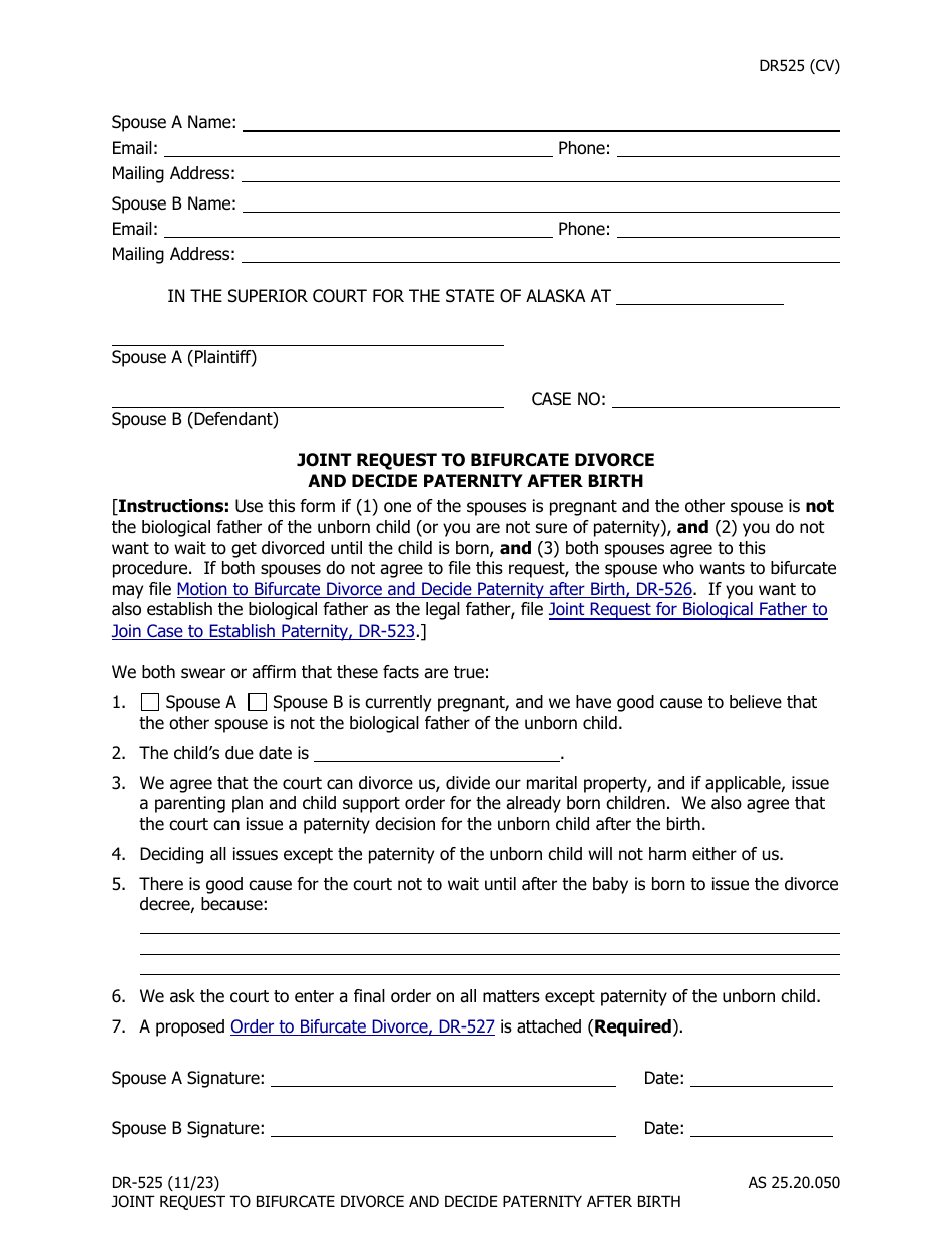 Form DR-525 Joint Request to Bifurcate Divorce and Decide Paternity After Birth - Alaska, Page 1