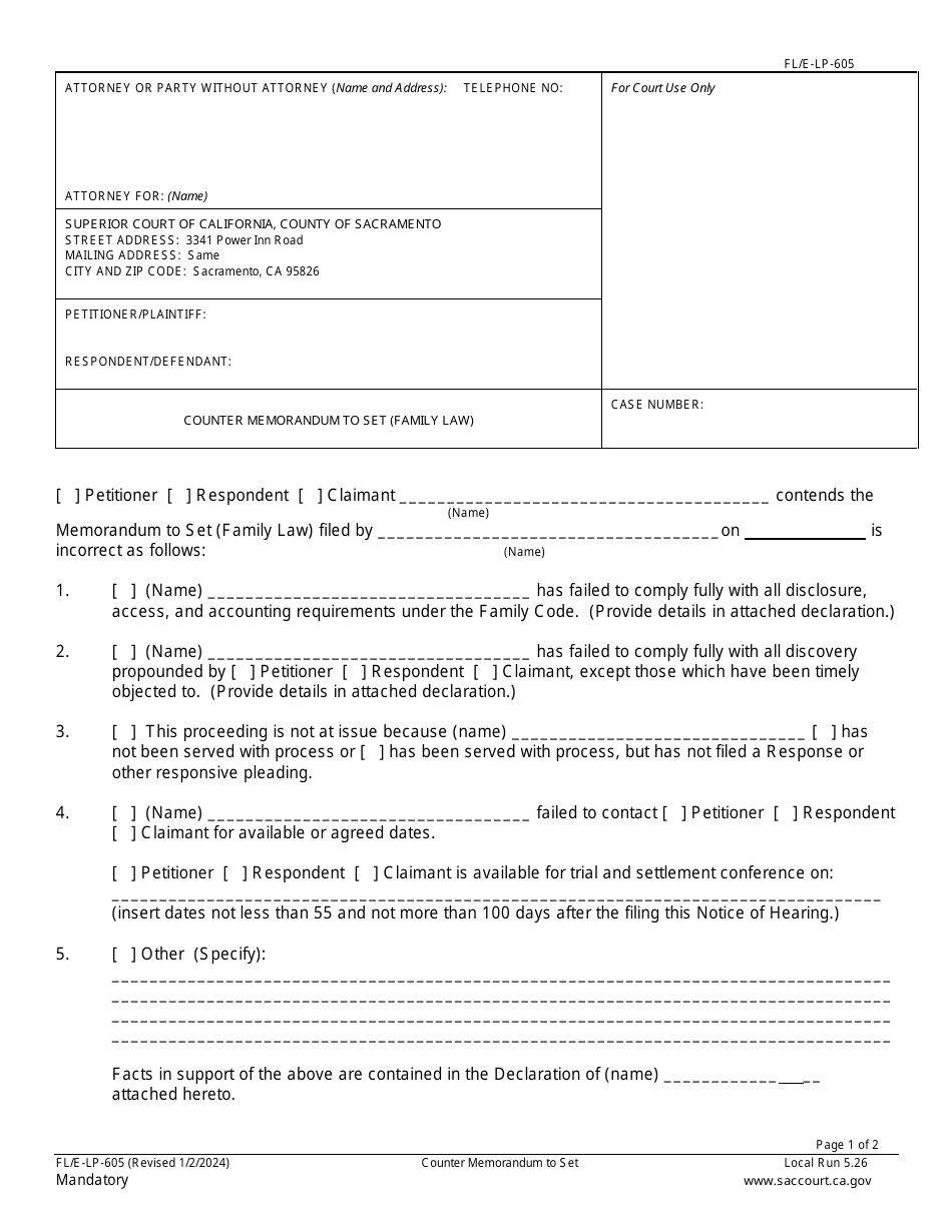 Form FL / E-LP-605 Counter Memorandum to Set (Family Law) - County of Sacramento, California, Page 1