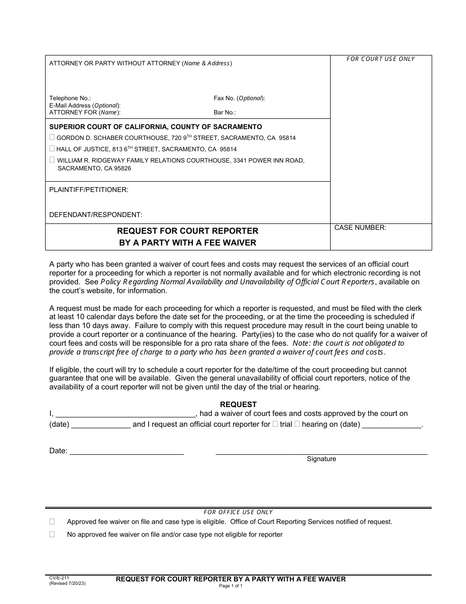 Form CV / E-211 Request for Court Reporter by a Party With a Fee Wai - County of Sacramento, California, Page 1