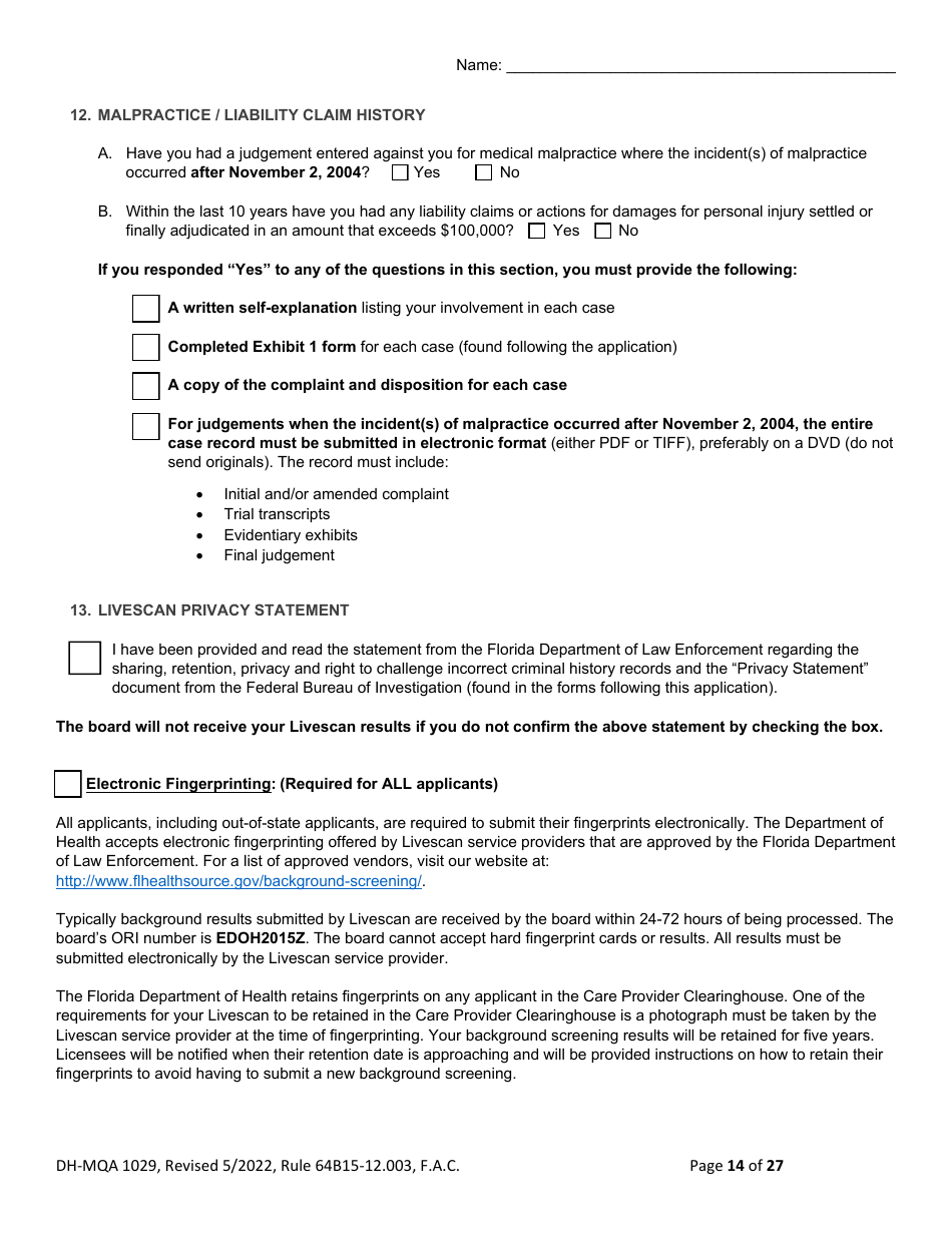 Form DH-MQA1029 Osteopathic Physician Application for Licensure - Florida, Page 14