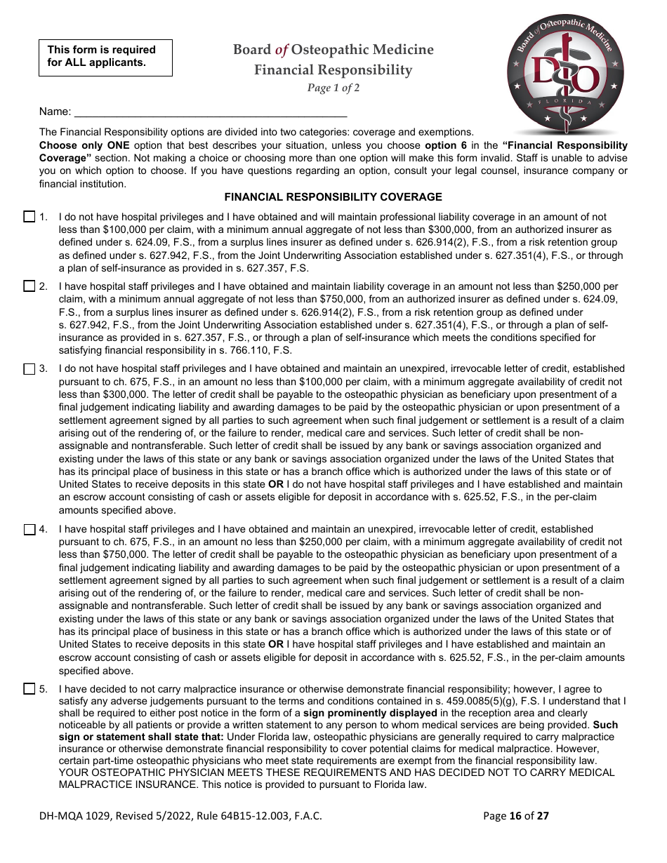 Form DH-MQA1029 Osteopathic Physician Application for Licensure - Florida, Page 16