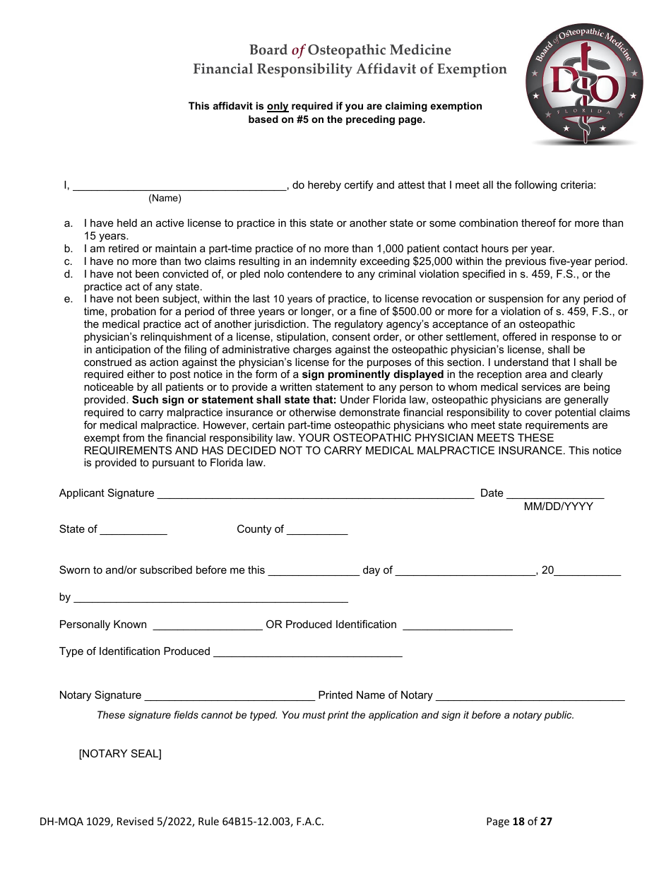 Form DH-MQA1029 Osteopathic Physician Application for Licensure - Florida, Page 18