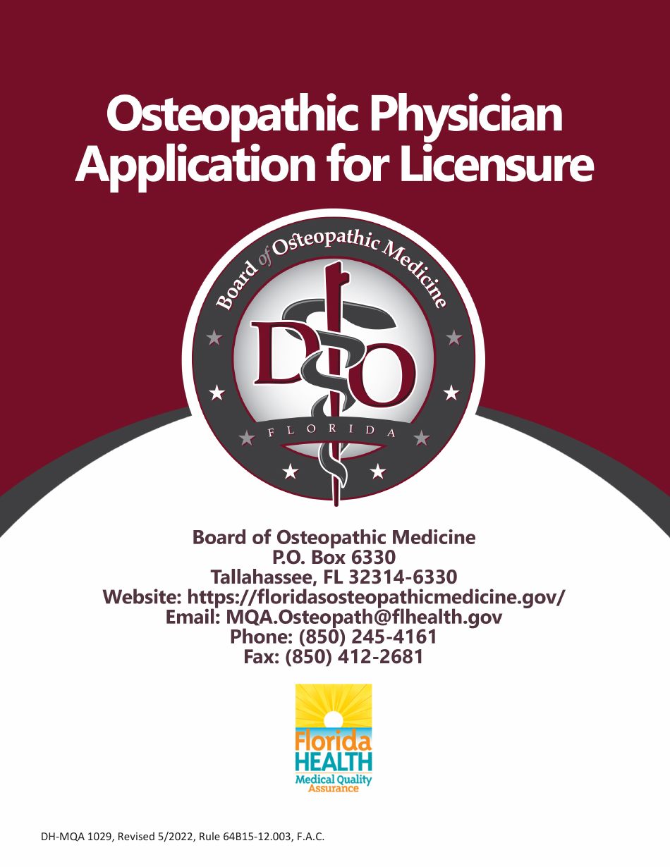 Form DH-MQA1029 Osteopathic Physician Application for Licensure - Florida, Page 1