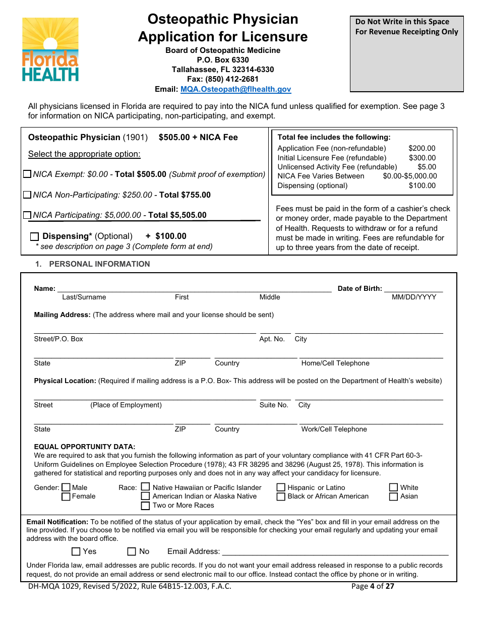 Form DH-MQA1029 Osteopathic Physician Application for Licensure - Florida, Page 4