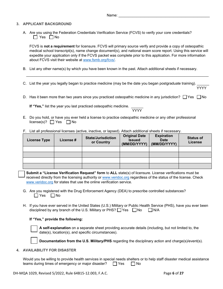 Form DH-MQA1029 Osteopathic Physician Application for Licensure - Florida, Page 6