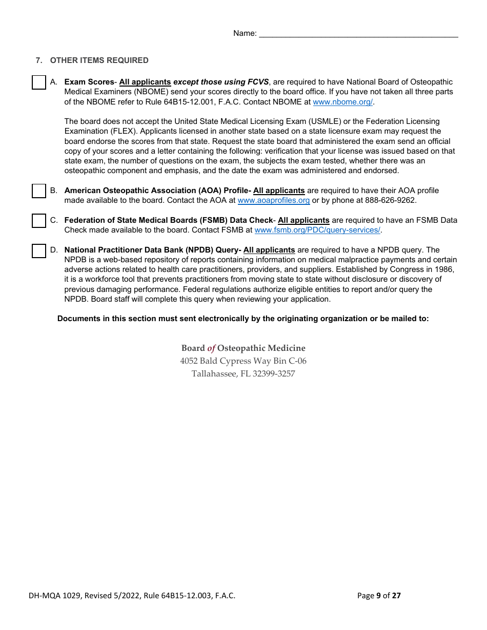 Form DH-MQA1029 Osteopathic Physician Application for Licensure - Florida, Page 9