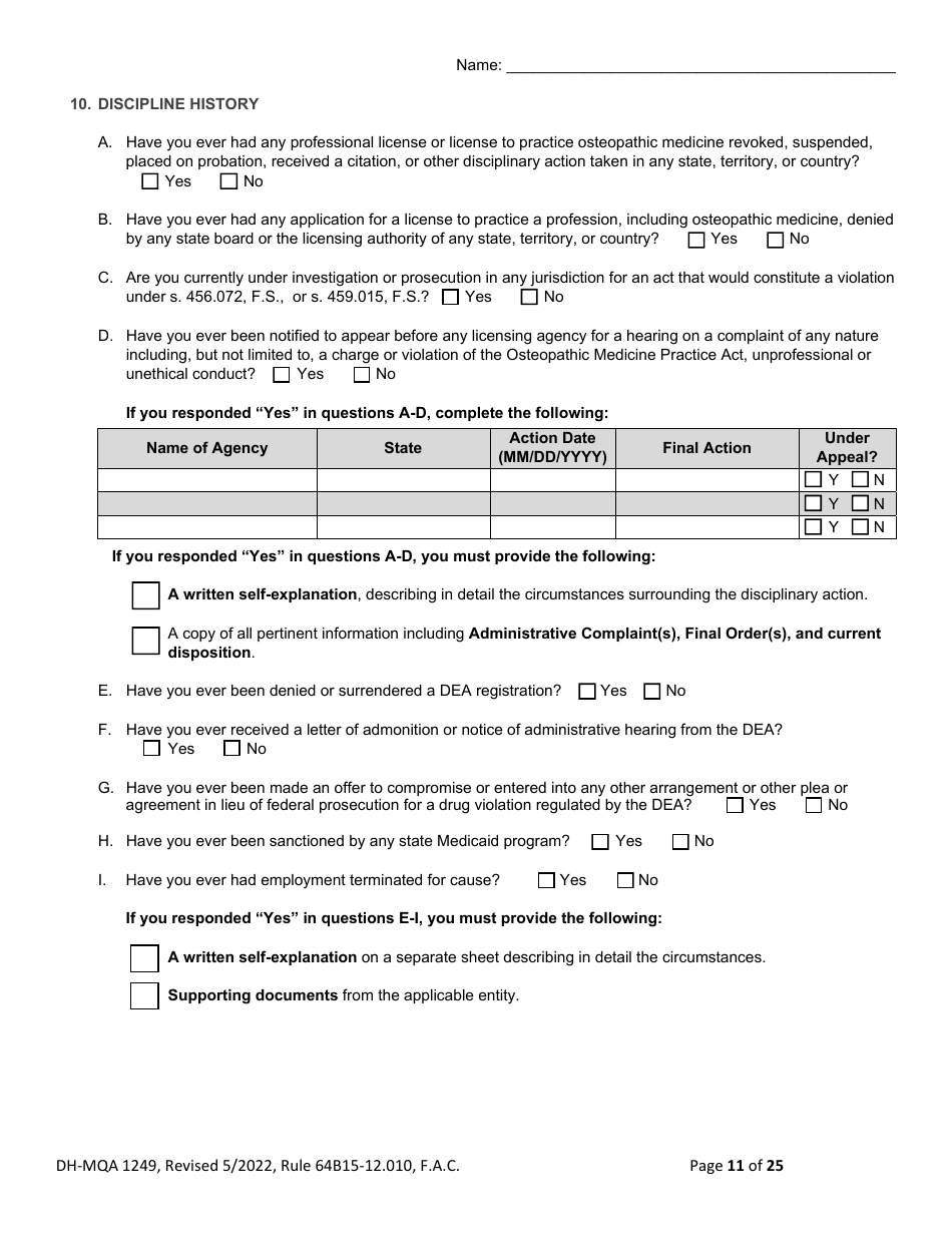 Form DH-MQA1249 Osteopathic Physician Application for Temporary Certificate for Practice in an Area of Critical Need - Florida, Page 11